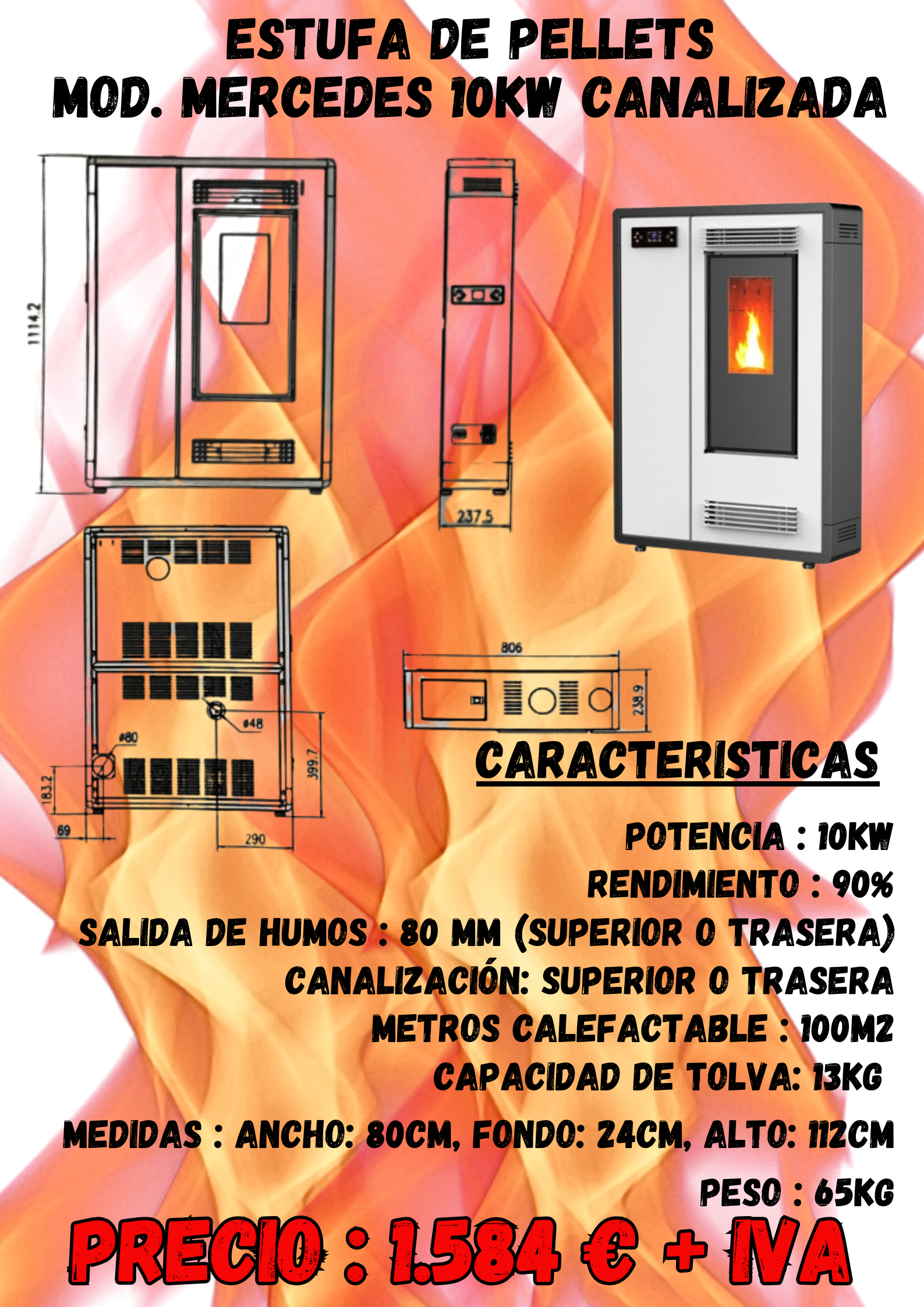 ESTUFA DE PELLETS CANALIZABLE PASILLERA – MODELO MERCEDES 10KW